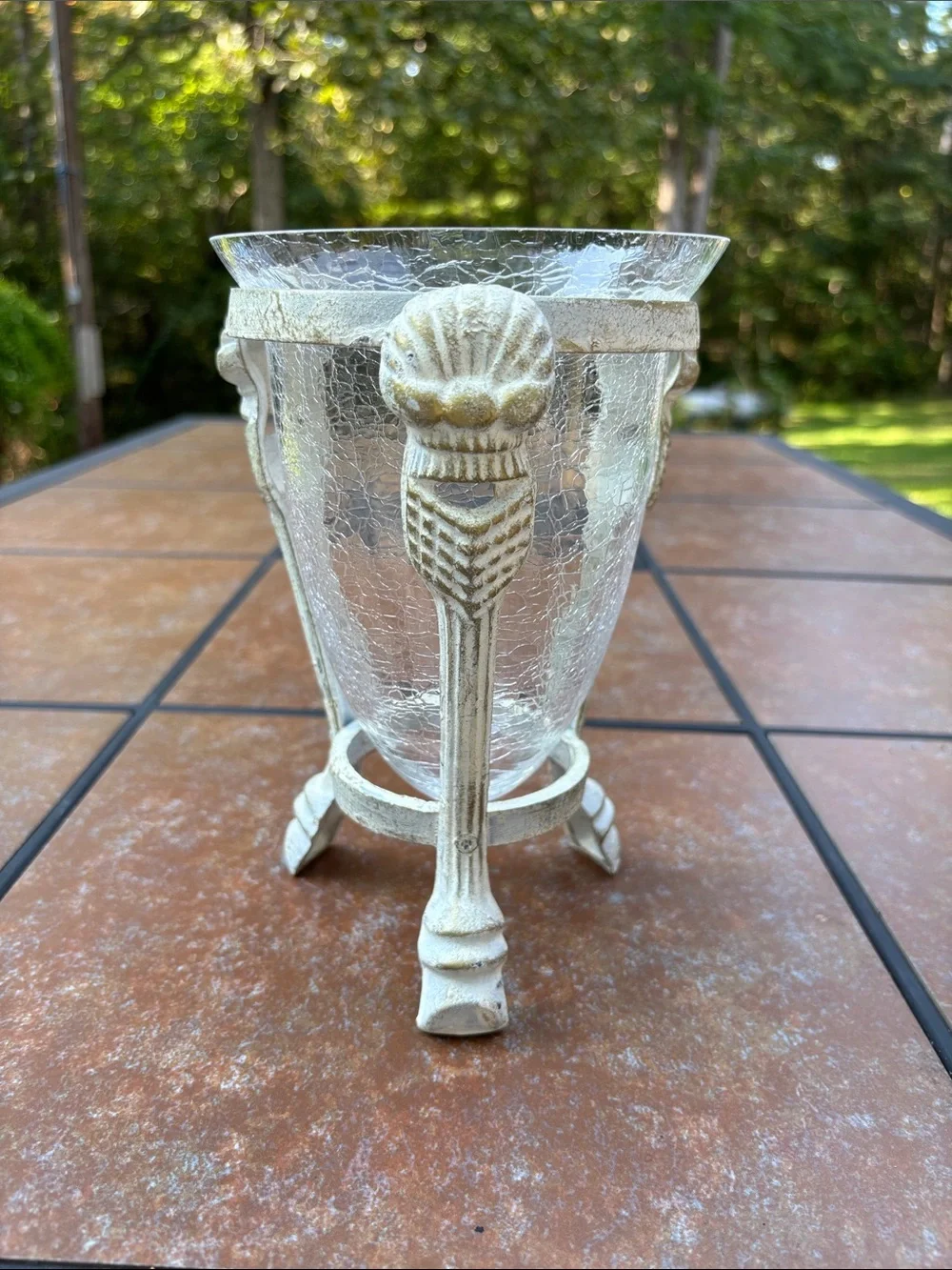 Decorative Clear Crackle Glass Vase/Candle Holder Distressed White Metal Stand